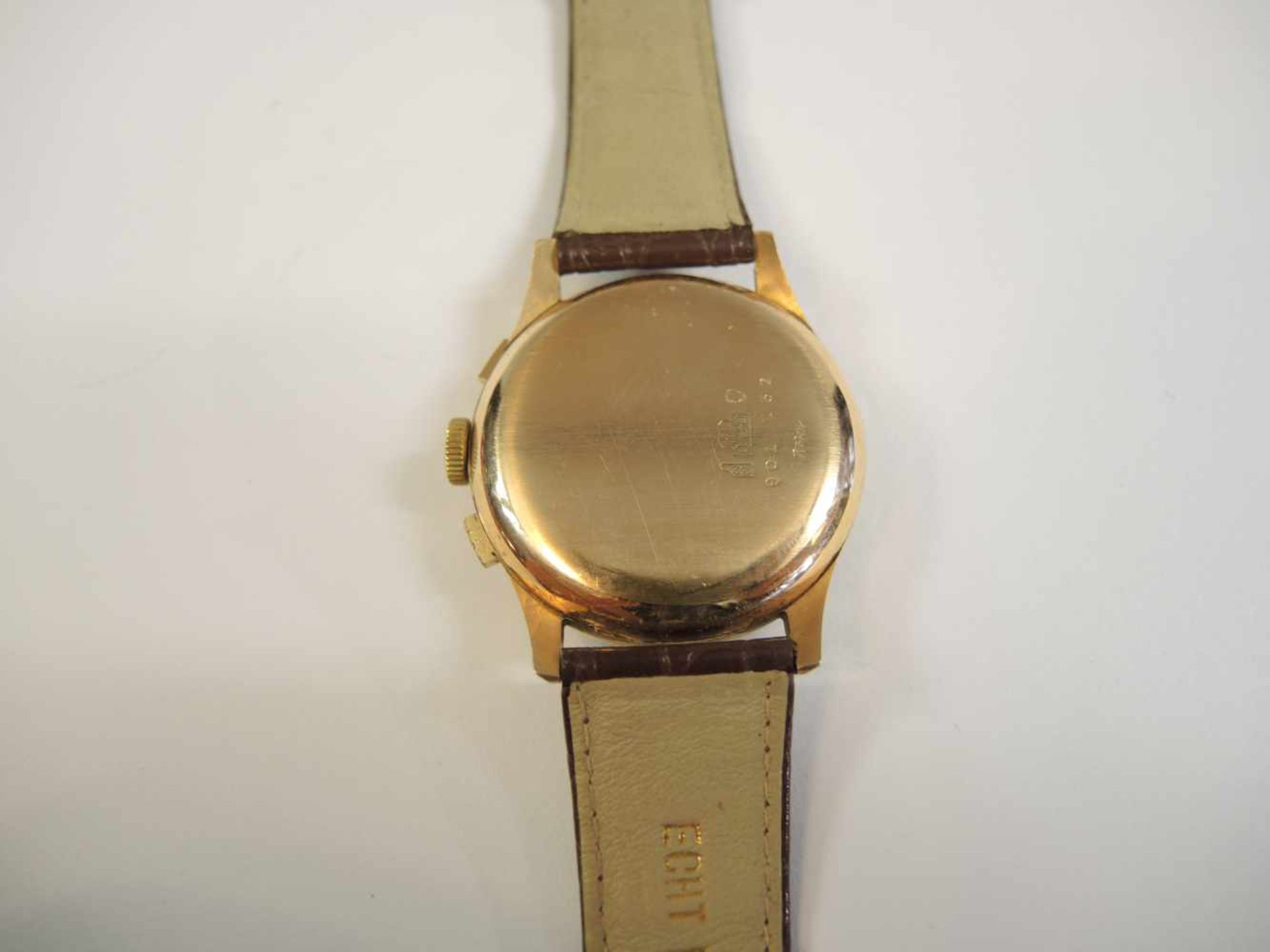 Olympic, Chronograph18 K. Gold, Handaufzug, voll gangbar. In sehr guter Erhaltung. Ø ca. 3,6 cm - Bild 2 aus 2