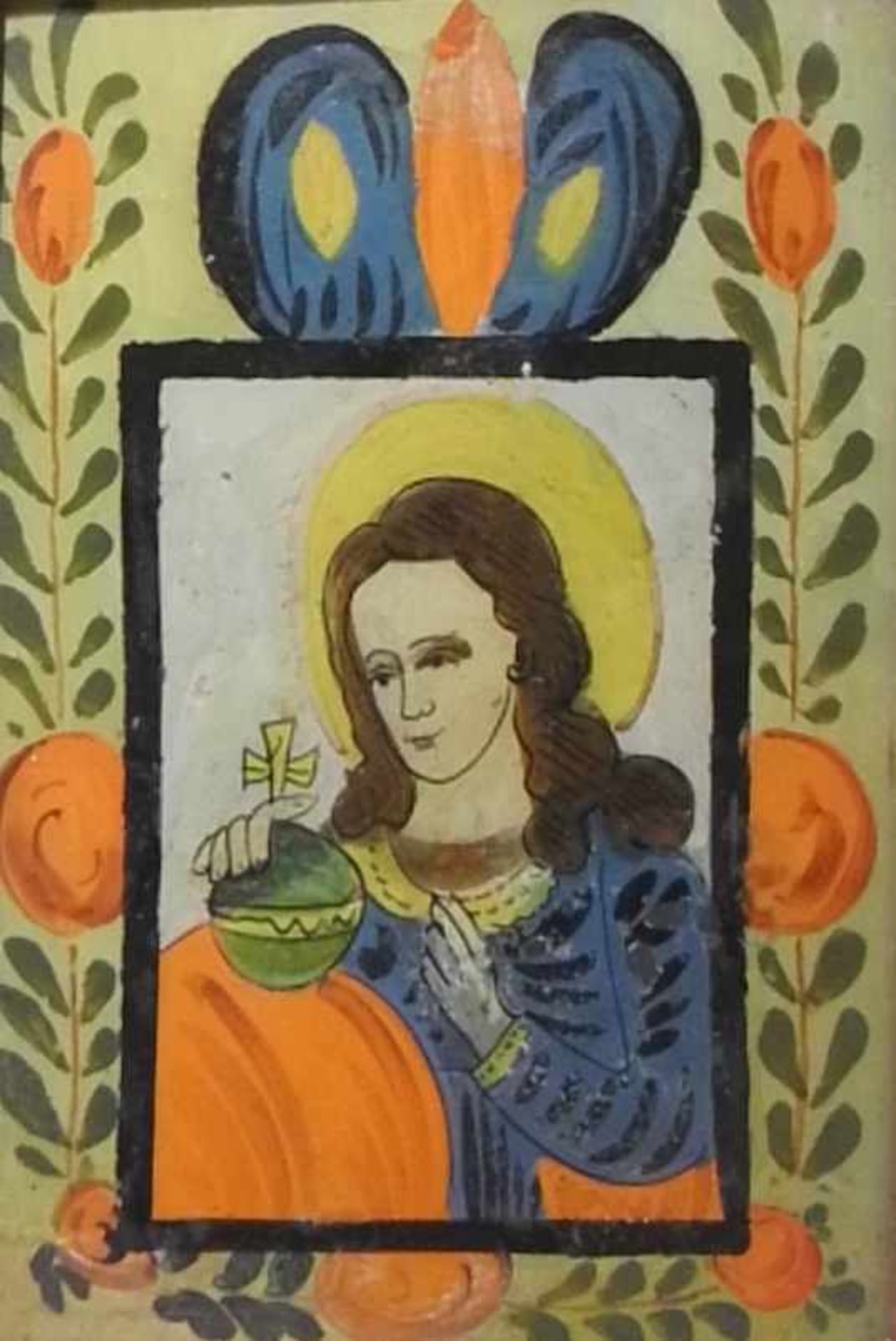 Heilige mit bekreuzter ErdkugelHinterglasbild, gerahmt. Darstellung einer Heiligen mit bekreuzter