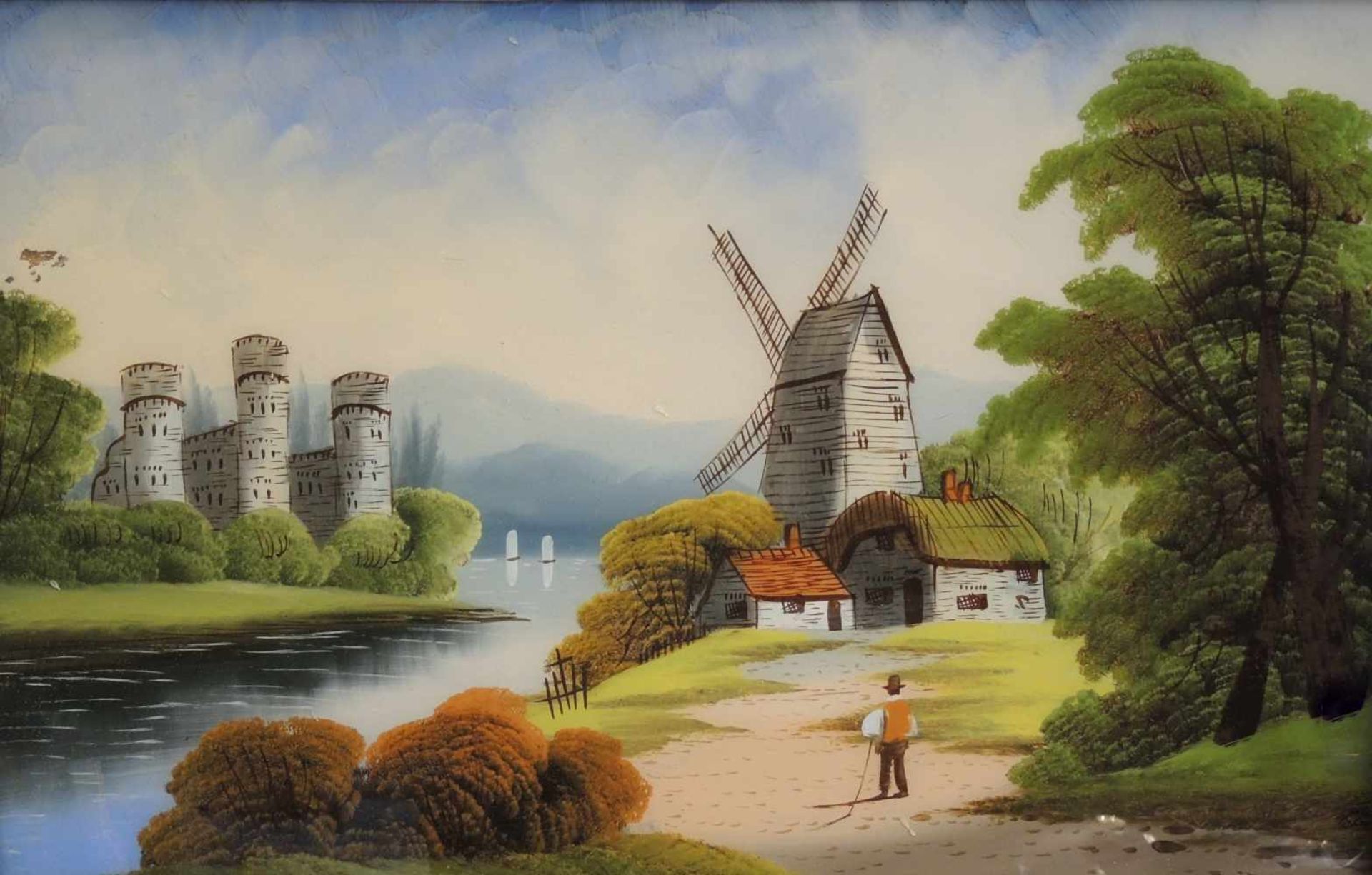 Landschaft mit Windmühle und BurgHinterglasbild, gerahmt. Minimale Farbabplatzer. Wohl