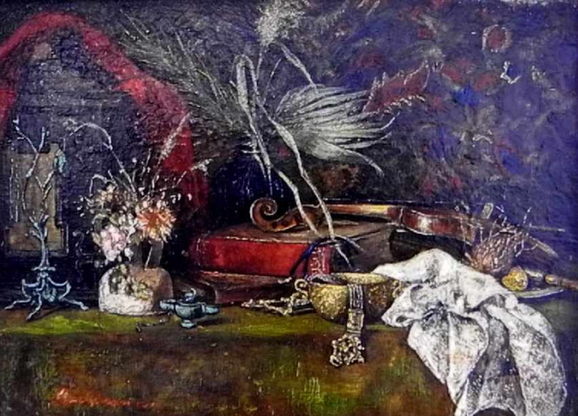 Karoly Bachmann, 1874 Budapest - 1924 ebendaÖl/Holz. Stillleben mit Blumen und Geige. Obwohl nicht