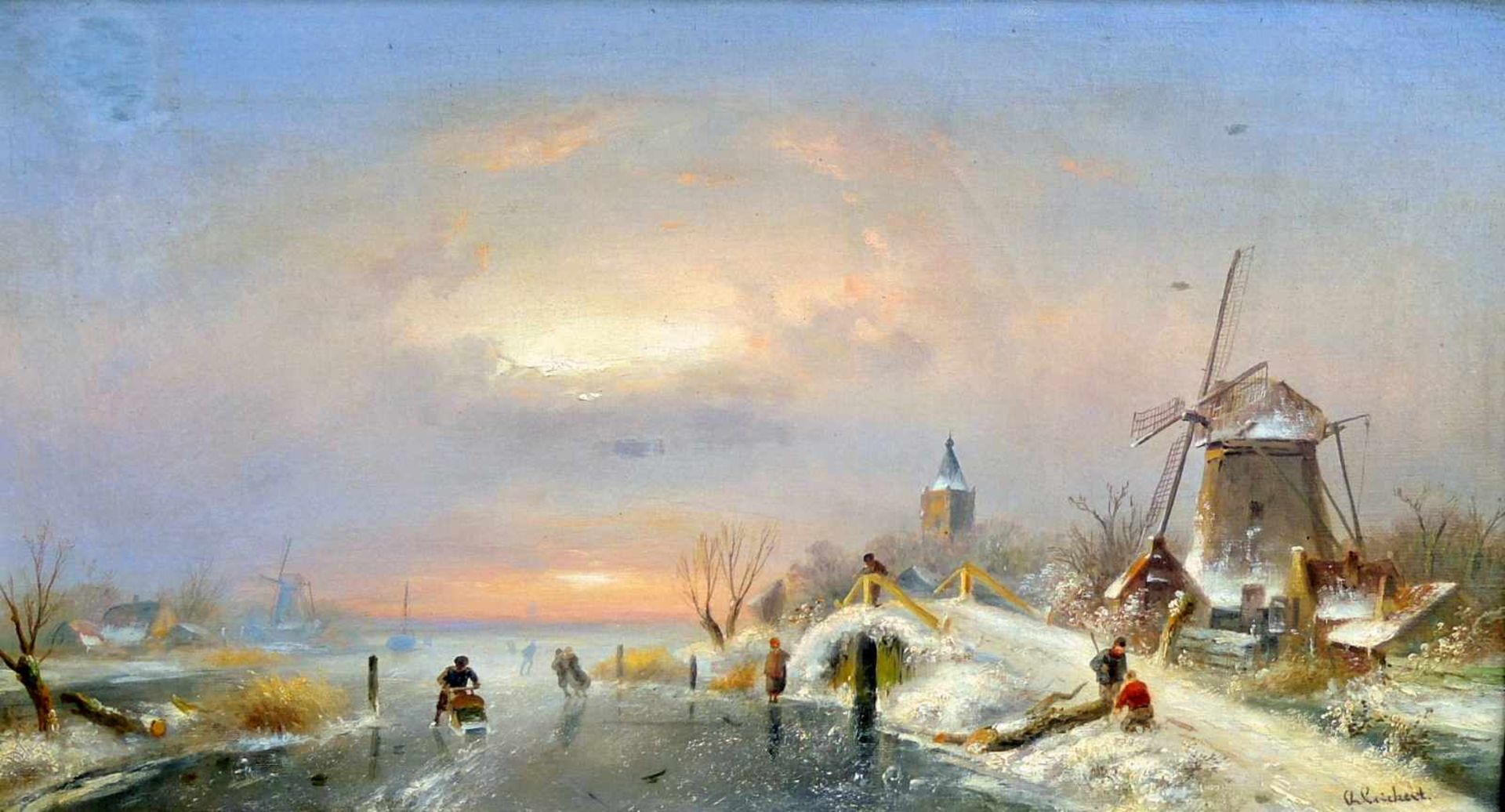 Charles Leickert, 1816 Brüssel - 1907 MainzÖl/Leinwand. Winterliche Landschaft mit Mühle und