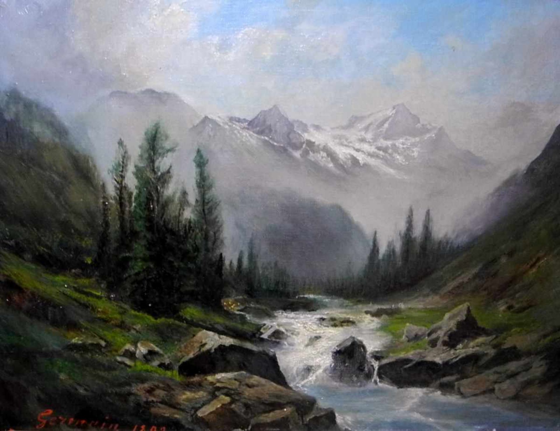 Fluss in den BergenÖl/Leinwand. Berglandschaft mit Fluss. Rechts unten "Germain" signiert, 1892