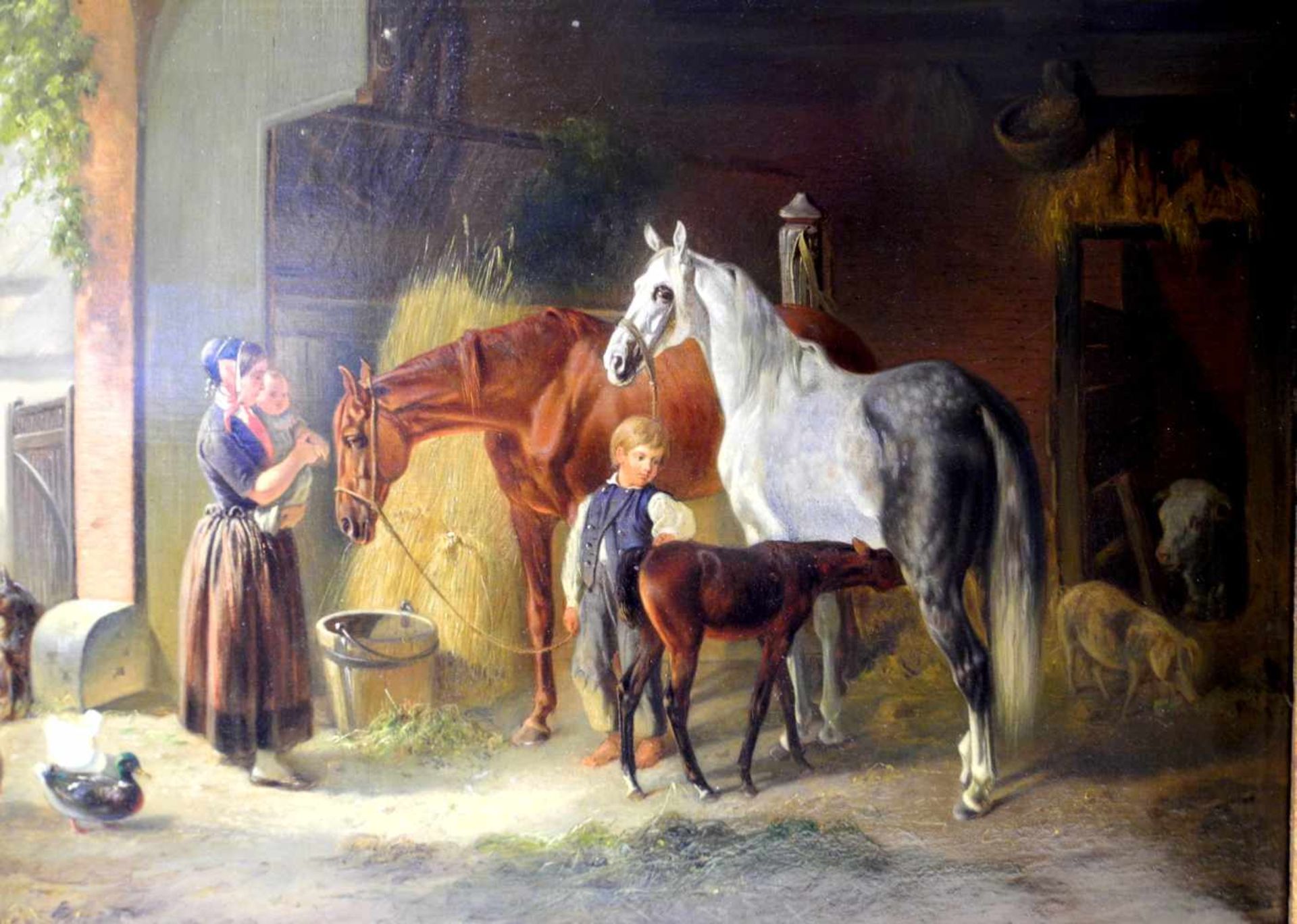 Frau mit Kindern im PferdestallÖl/Leinwand. Unsigniert, wohl Wiener Maler. Gute Erhaltung.