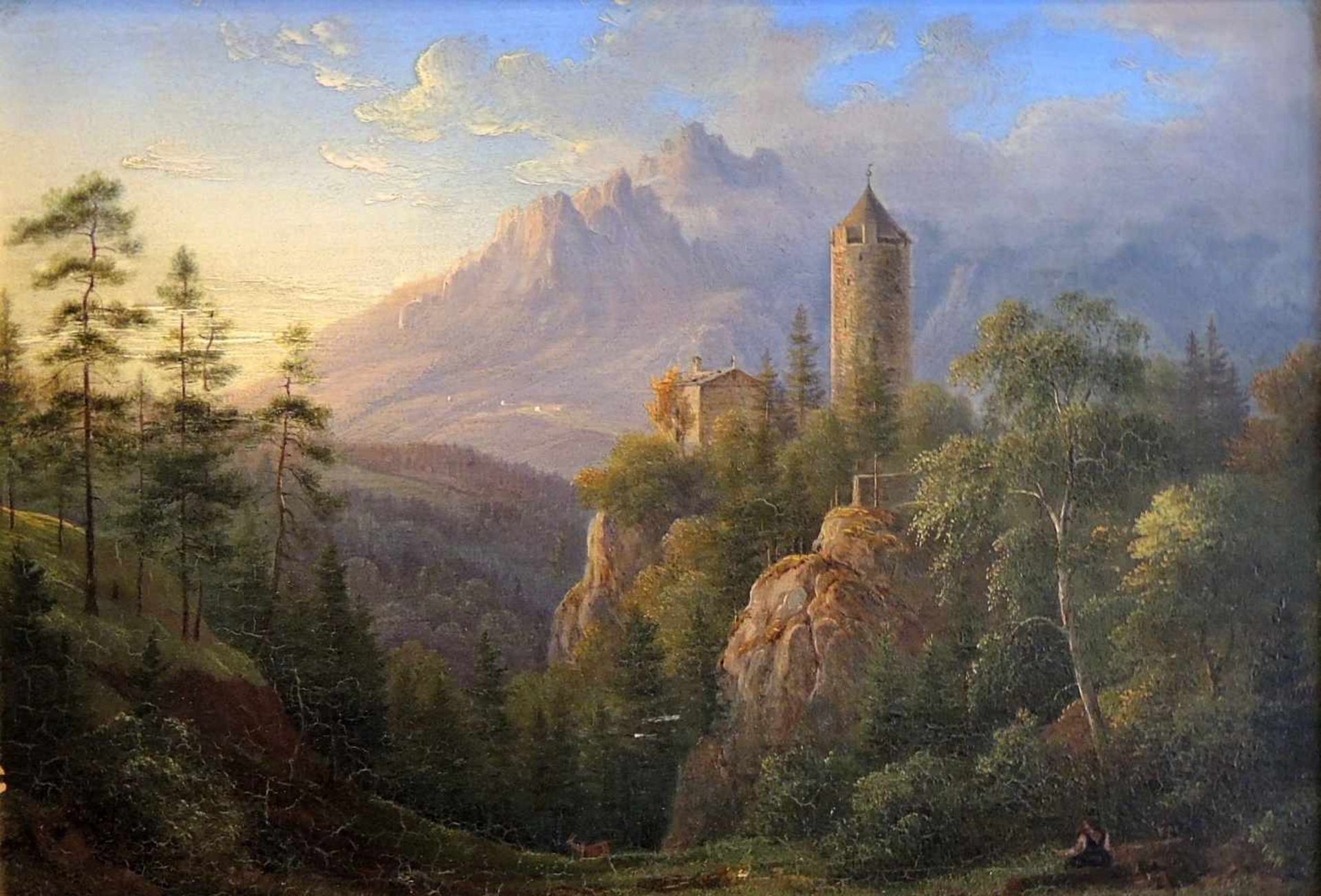 Mittelalterliche Burg vor entferntem GebirgeÖl/Holz. Romantisch anmutende Burg mit umgebender