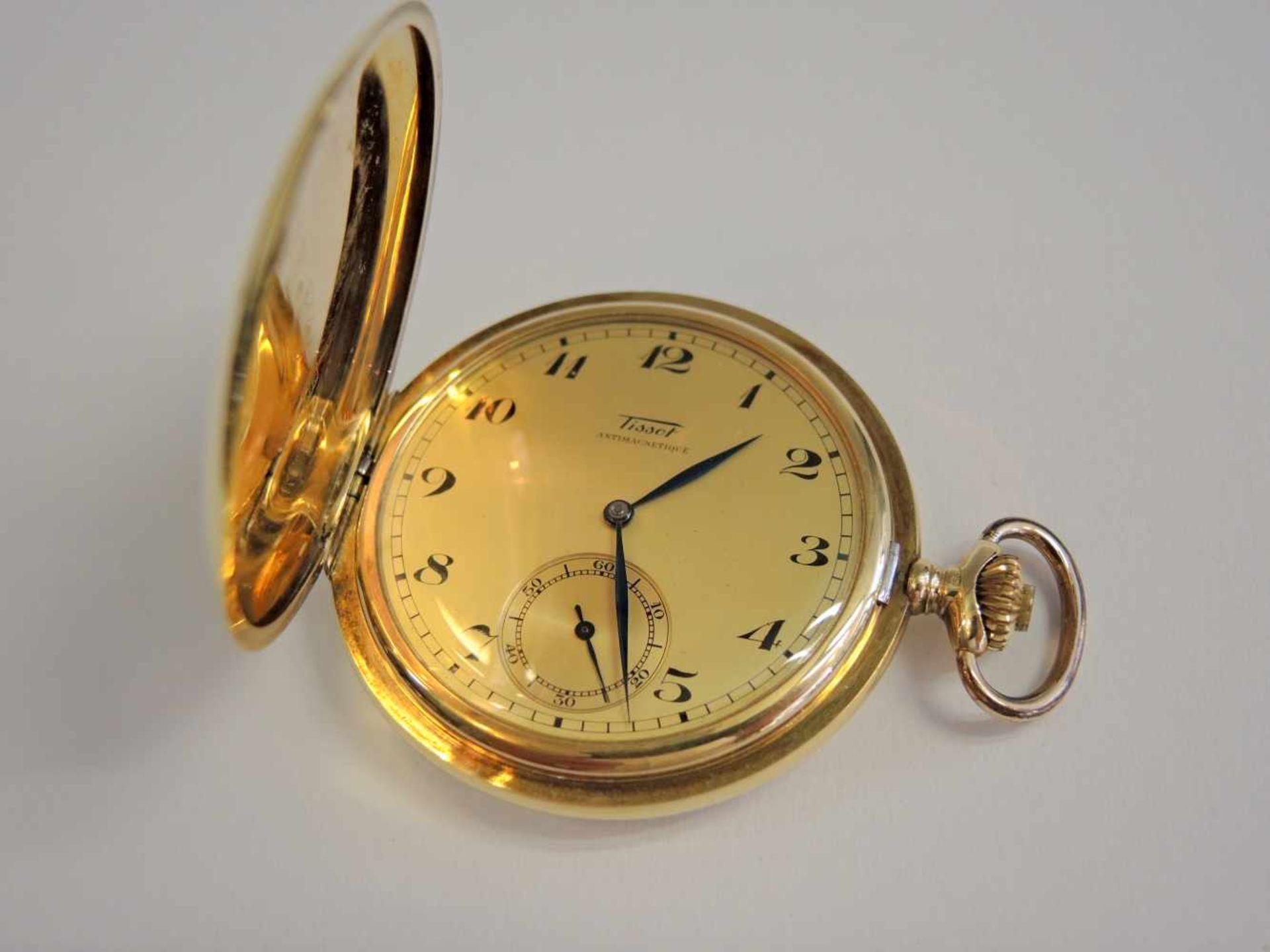 Tissot, Savonette-Taschenuhr14 K. Gelbgold. Gut erhalten, gangbar. Um 1920. Ø ca. 50 mm, Gewicht