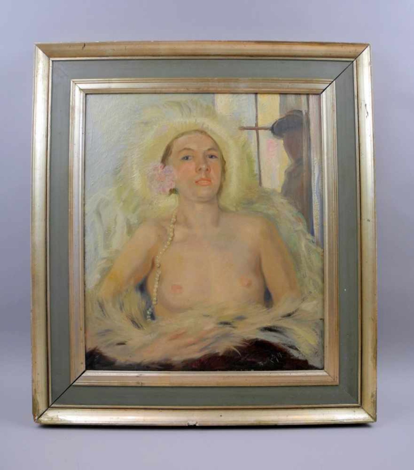 Toni Roth, 1899 München - 1971 GreifenbergÖl/Holz. In Pastelltönen gehaltener Halbakt einer Frau mit - Bild 2 aus 2