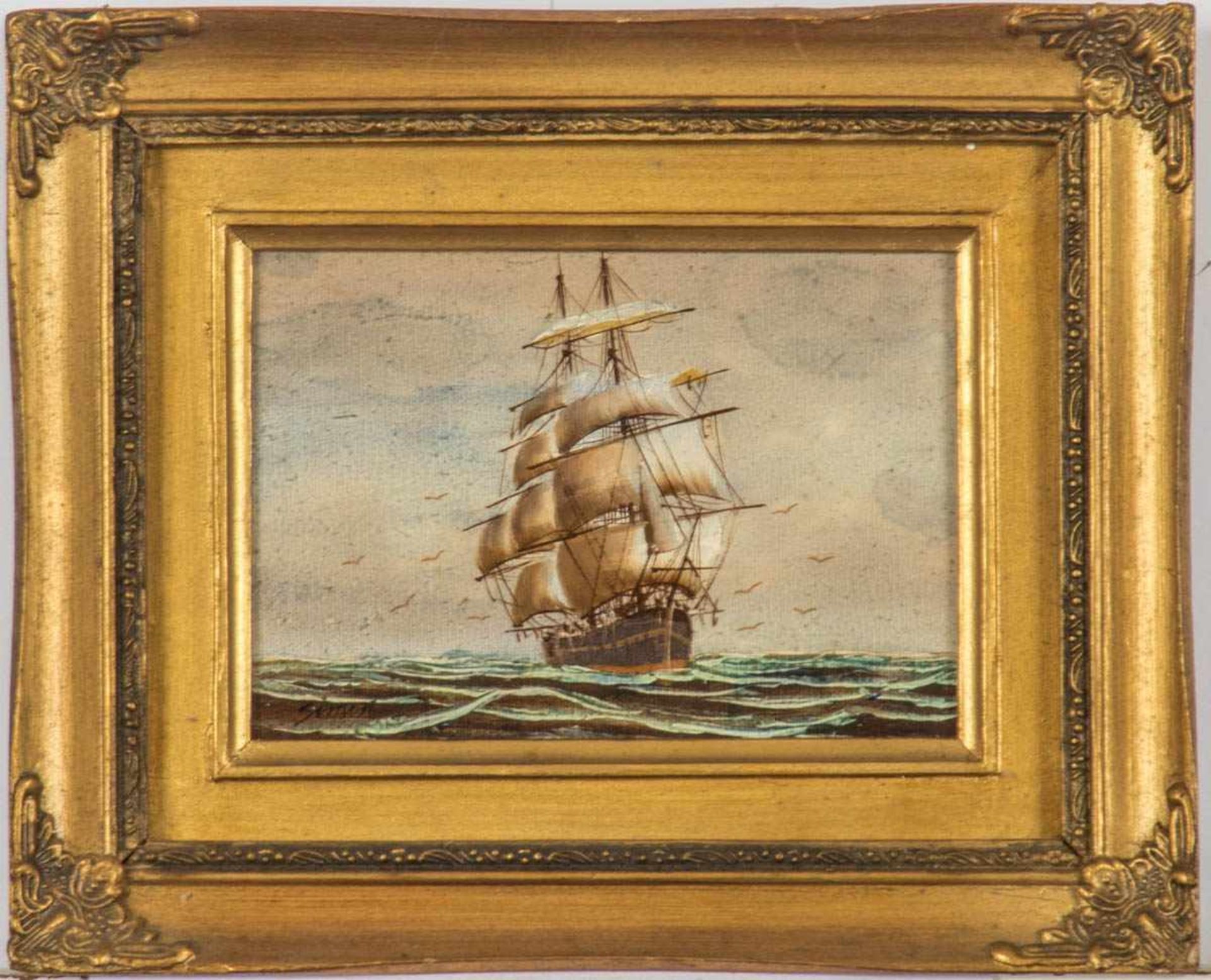 Simon Marinemaler des 20.Jhs. Segler auf hoher See. Öl/Holz. 13 x 17 cm.R.