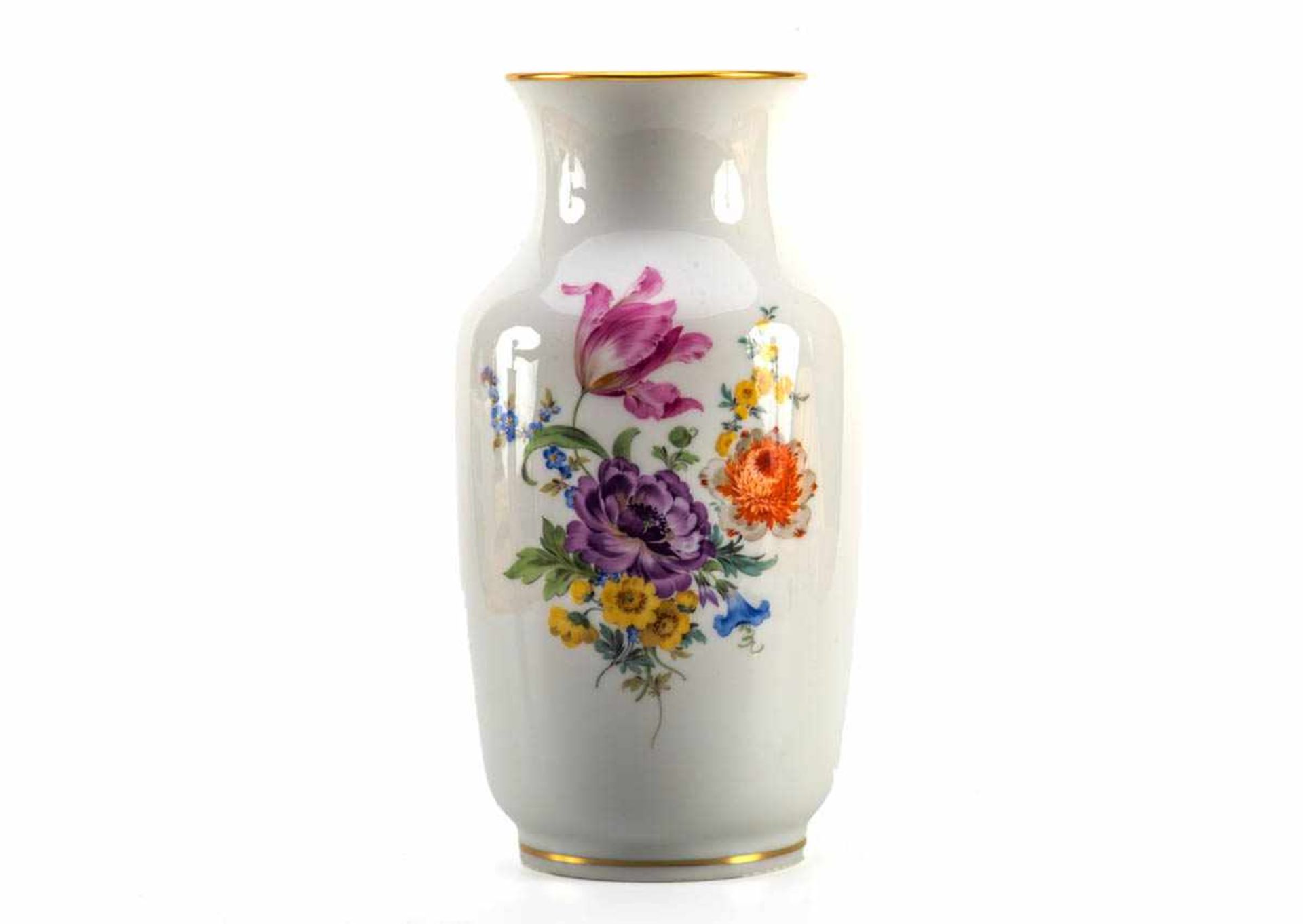Große Vase, Meissen mit Blumenmalerei und Goldrand. Höhe 30 cm. Schwertermarke, 1. Wahl, neuwertig.