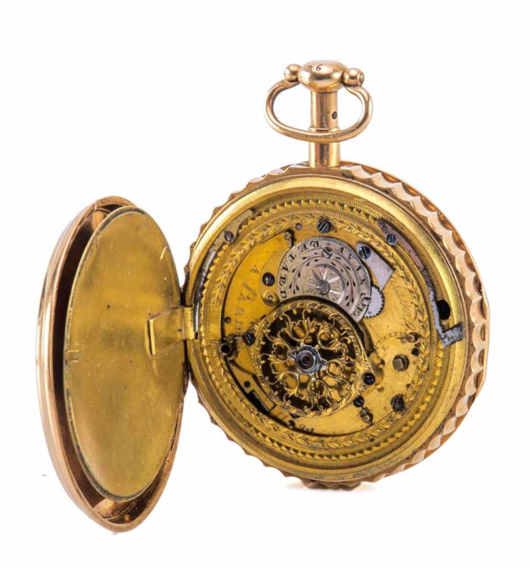 Goldene Empire Taschenuhr mit Repetition Emailzifferblatt mit arabischen Ziffern, gepunzt: 18 K, das - Bild 4 aus 4