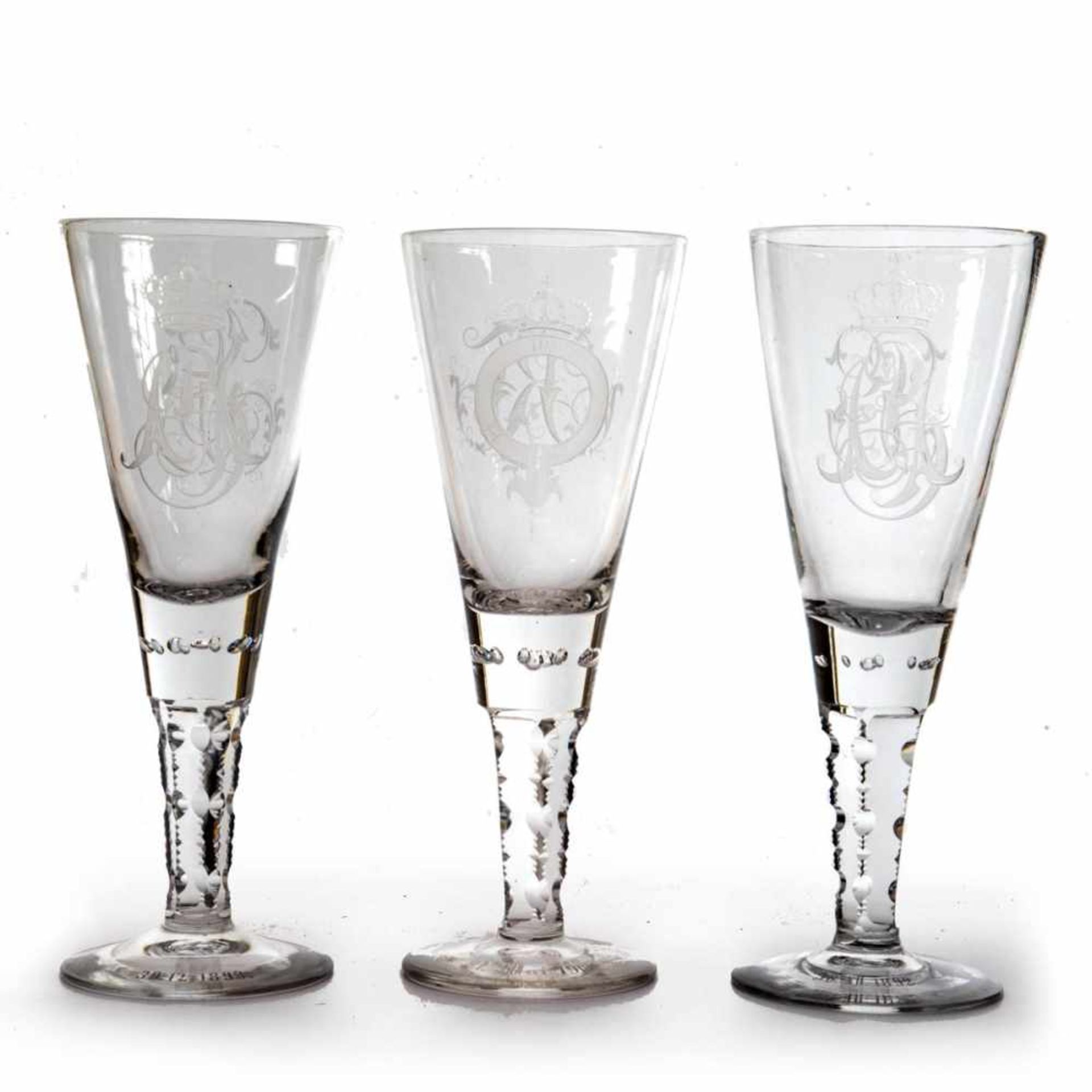 3 Kelchgläser, Solling um 1892 Farbloses Glas mit Inschrift " A. Weydling s/l Paul Geipel, 30.