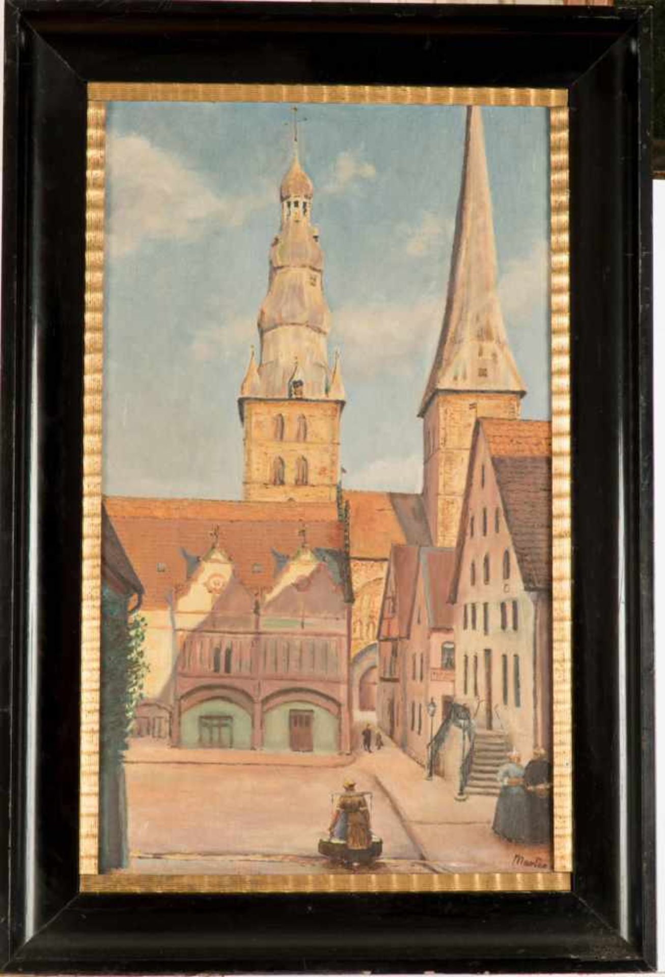 Marten Ansicht einer mittelalterlichen Stadt mit zwei Kirchen. Öl/Leinwand auf Karton. Re.u. sign.