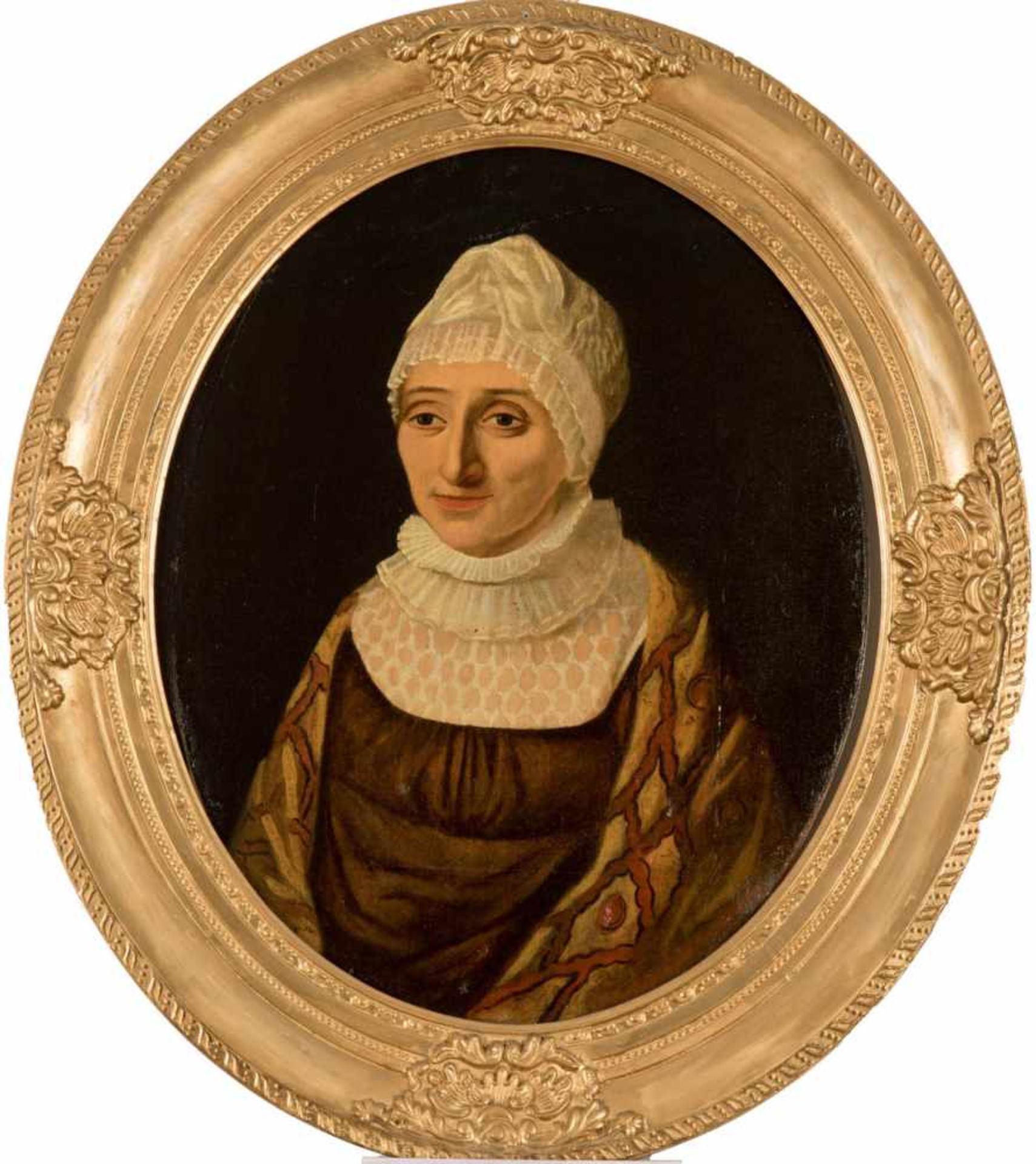 Porträtmaler des 18. Jh. Kaufmannsfrau mit Spitzenhaube. Öl/Leinwand auf Holz. 60 x 46,5 cm. Im Oval