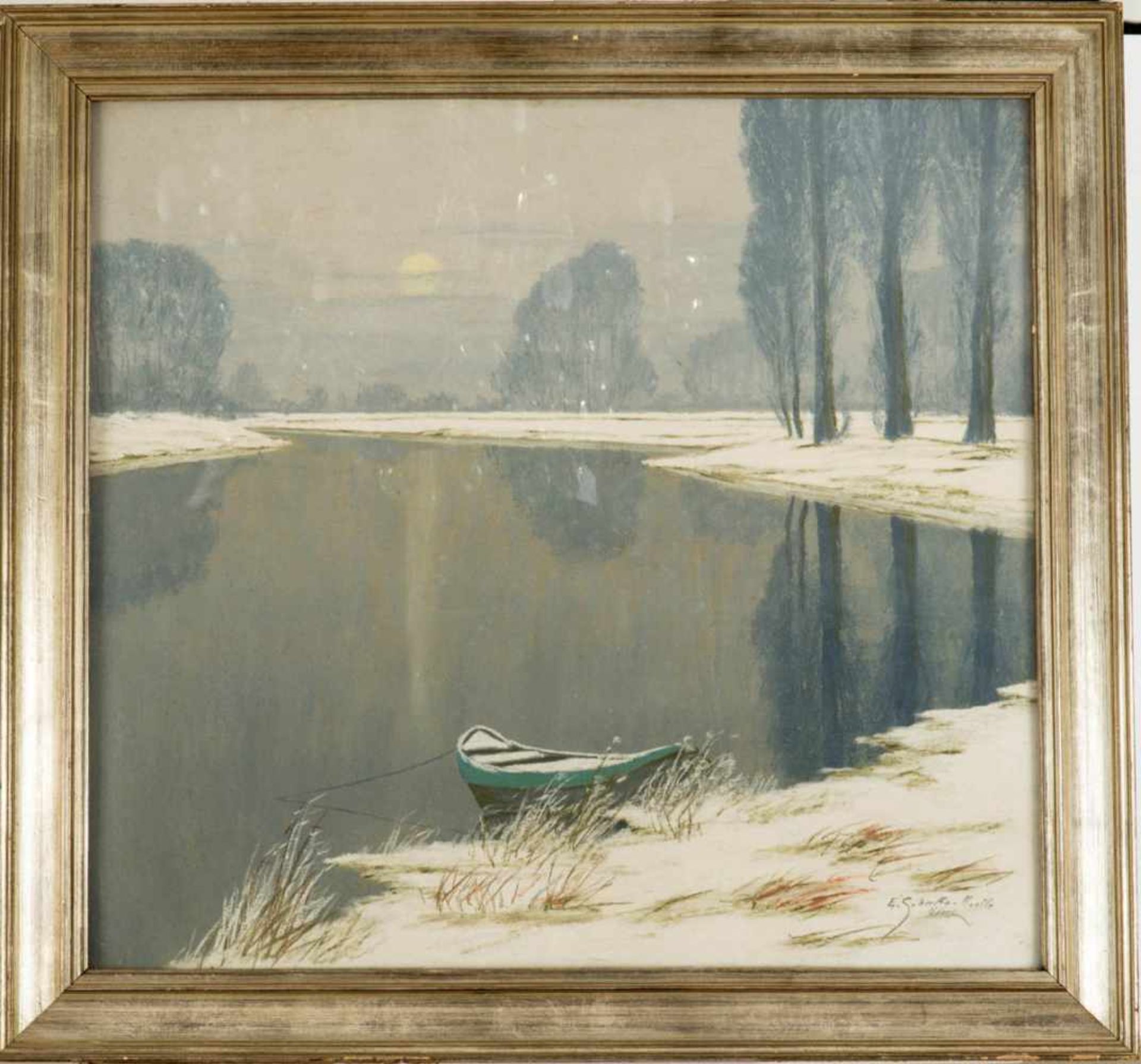 Schulte-Noelle, Ernst Düsseldorfer Maler des 20. Jhs. Winterliche Seelandschaft. Gouache. Re.lu.