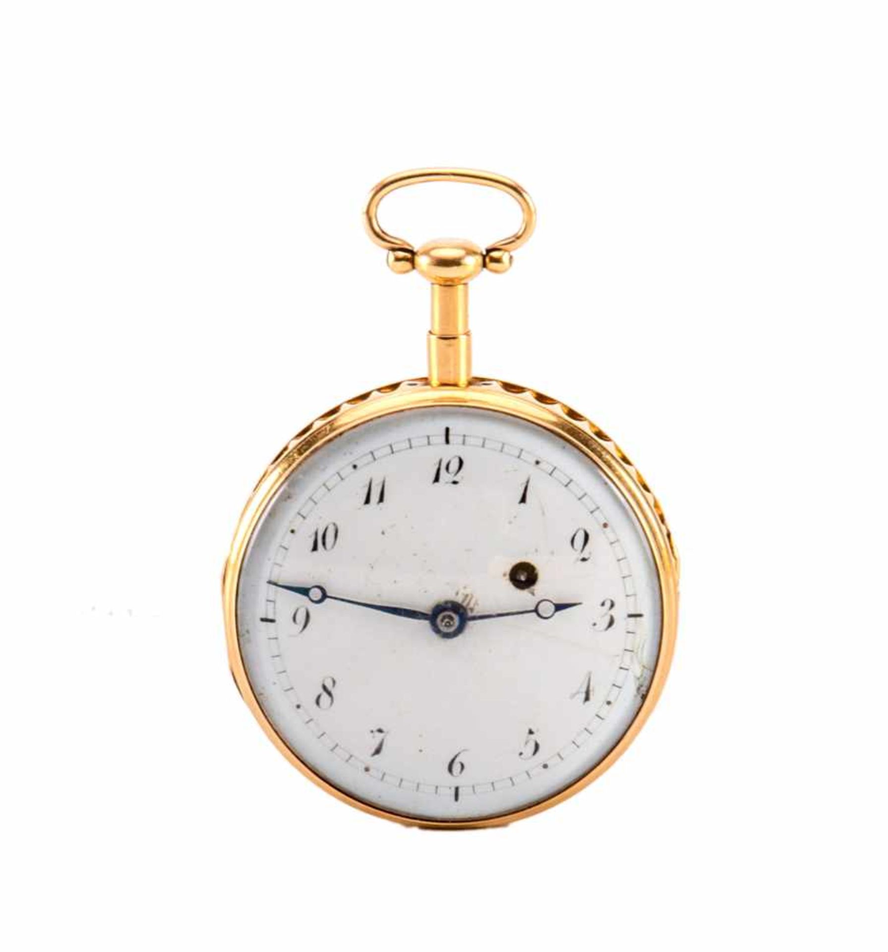 Goldene Empire Taschenuhr mit Repetition Emailzifferblatt mit arabischen Ziffern, gepunzt: 18 K, das