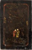 Wandtafel, China 19.Jh. Weichholz. Schauseite mit schwarzem Lack, polychrom mit zwei Figuren und