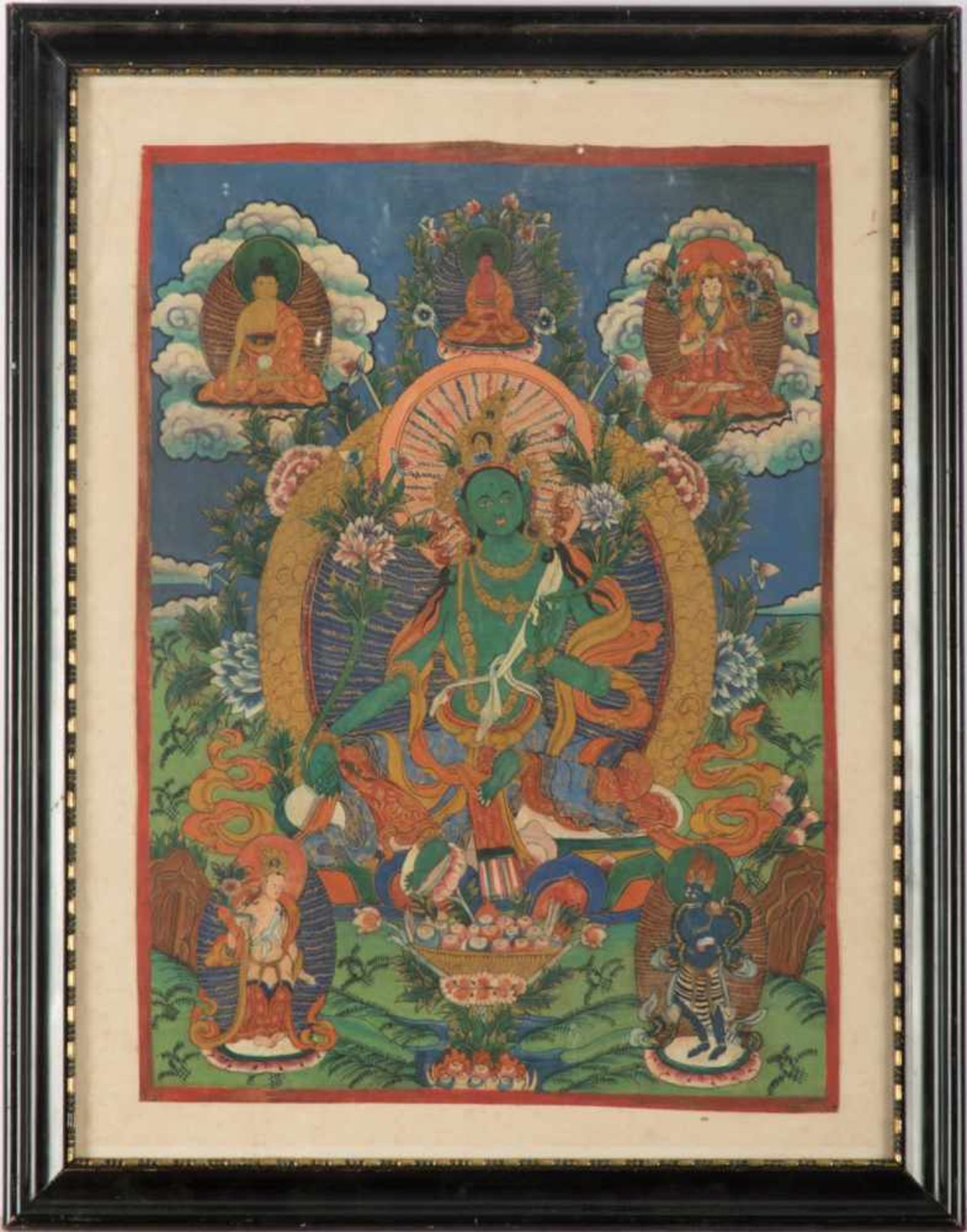 Tibetanischer ThangkaVotivbild mit Gottheiten in Mischtechnik gemalt. Blattgr. 44 x 33 cm. Unter