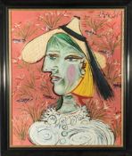 Picasso, Pablo1881 Malaga - 1973 Mougins. "Marie Therése mit Strohhut". Druckgrafik. 62 x 50 cm.