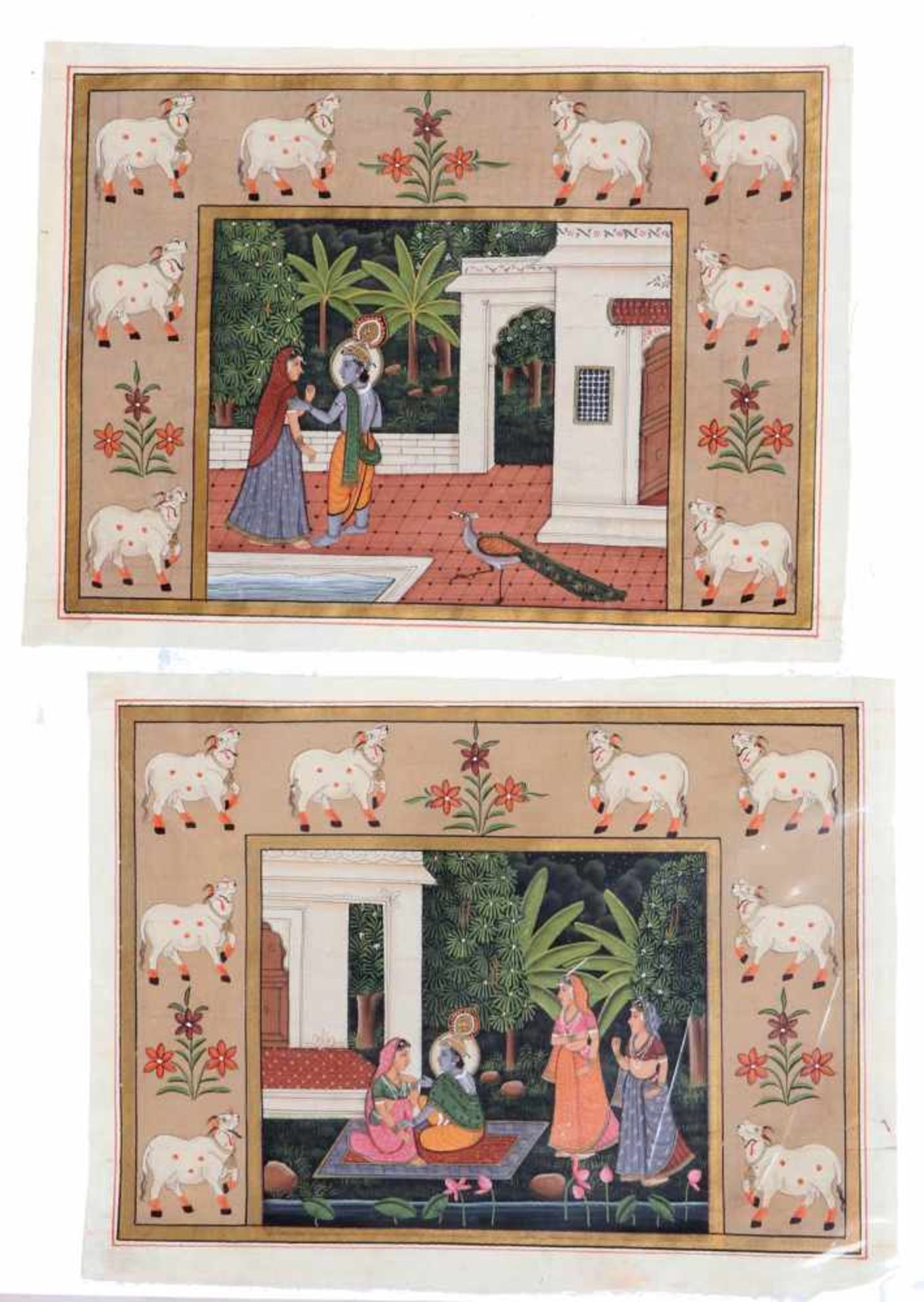 2 Kleine SeidenbilderA + b 2 kleine Seidenbilder aus Indien, 20. Jahrhundert, je ca. 20 x 30 cm.