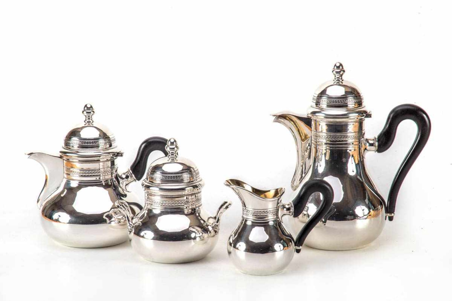 4-teiliges Kaffee- und Teeservice, Deutsch800er Silber, Kaffeekanne, Teekanne, Zuckerdose innen