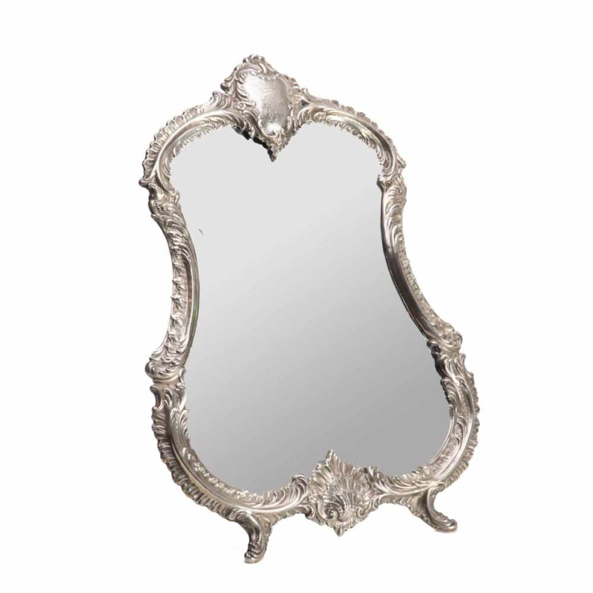 Standspiegel, Frankreich um 1880950er Silber. Wappenförmiger Spiegel, Rahmen mit Federblättern und