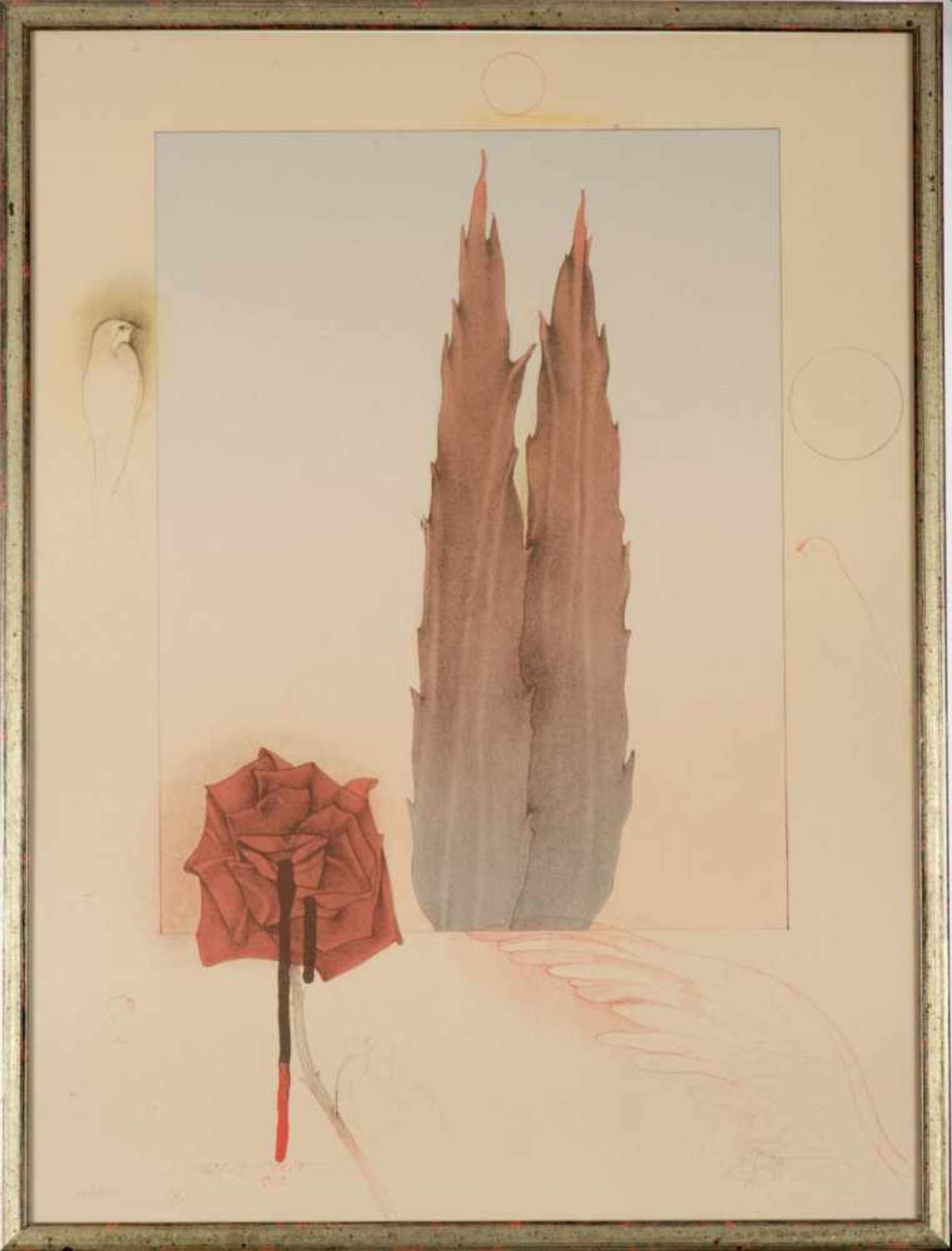 Bruni, Bruno (1935 Gradara).Zypressen und Rose. Farblithografie aus der Serie "Jahreszeiten".