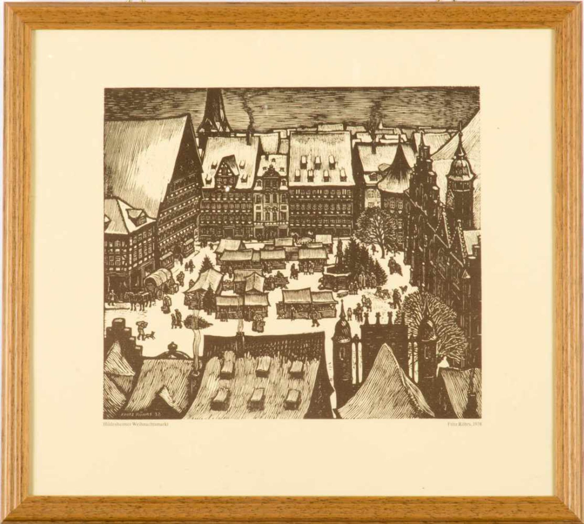 Röhrs, Fritz (1896 Hildesheim 1959 )Hildesheimer Weihnachtsmarkt. Holzschnitt. In der Platte