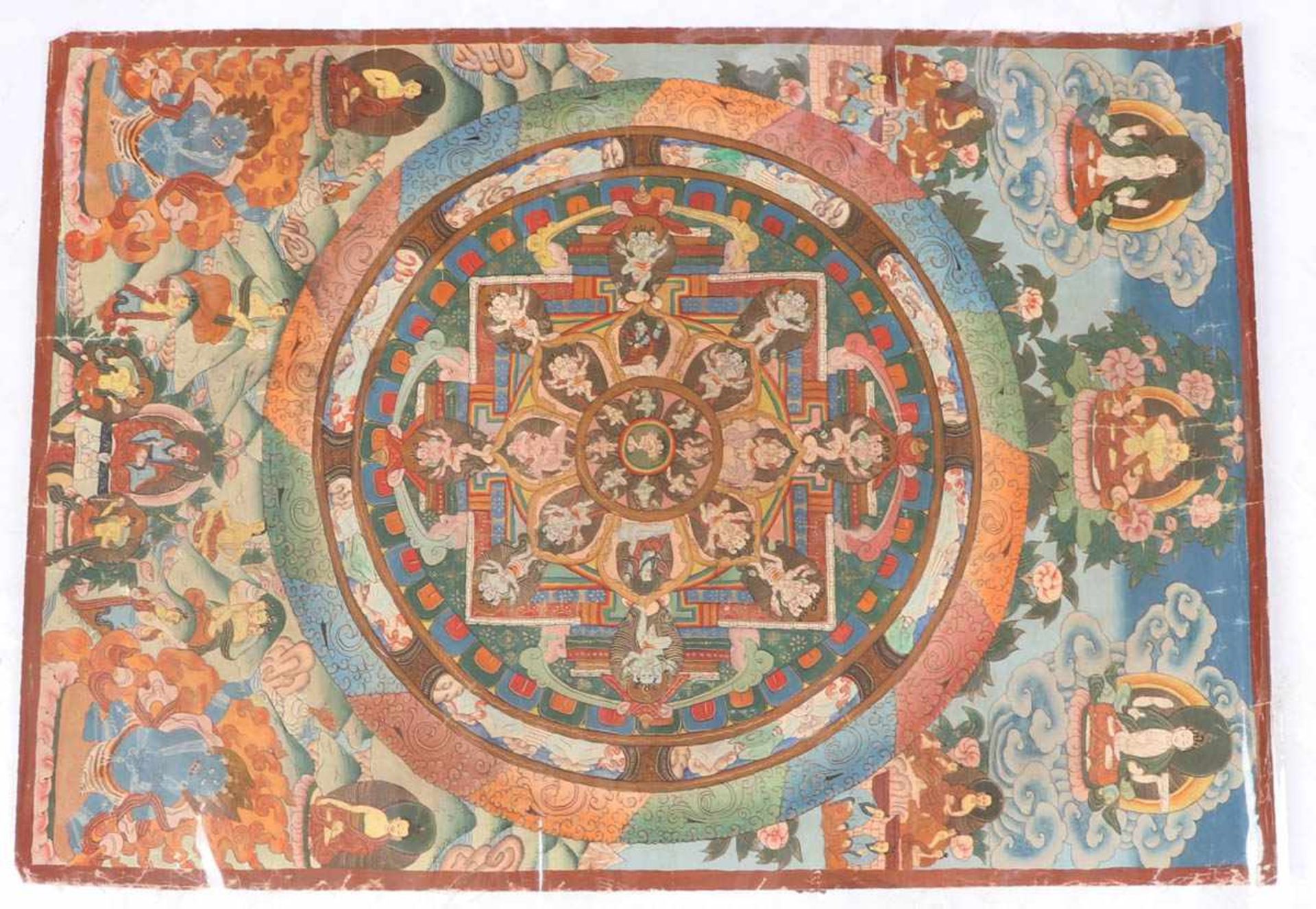 Thangka, Buddha, Nepal, 20. JahrhundertGouache auf Leinen, ca. 75 x 53 cm. Farbenprächtig und