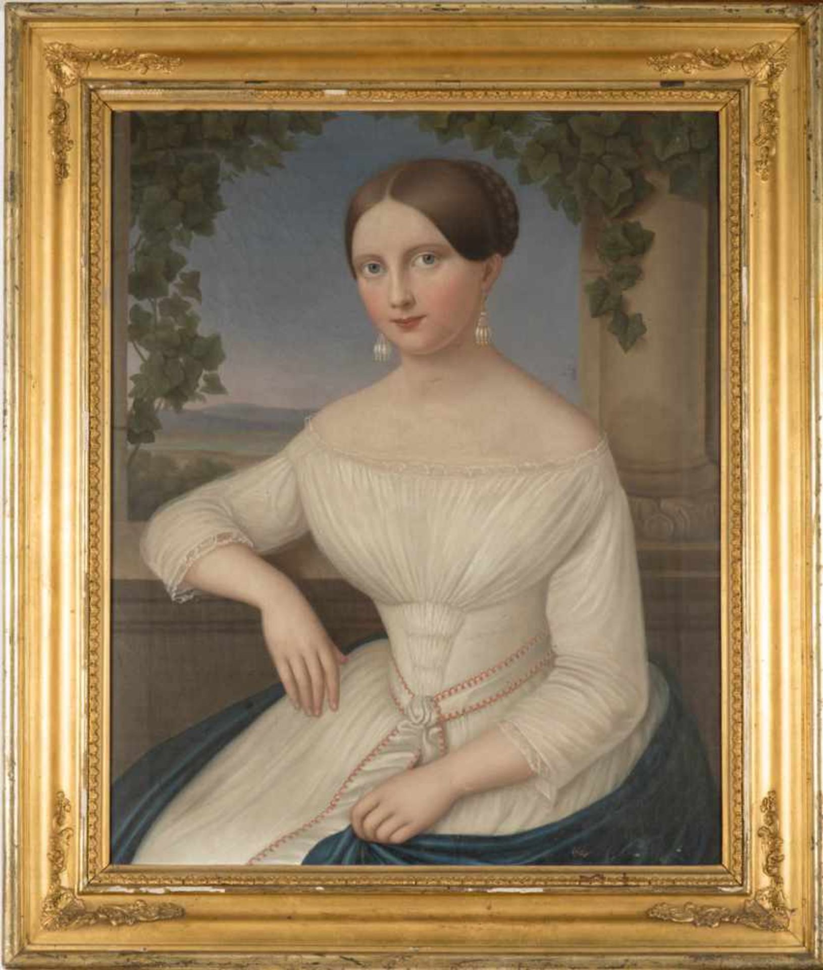 Anonymer Porträtmaler des BiedermeierPorträt einer jungen Dame in feinem weißem Kleid vor einer