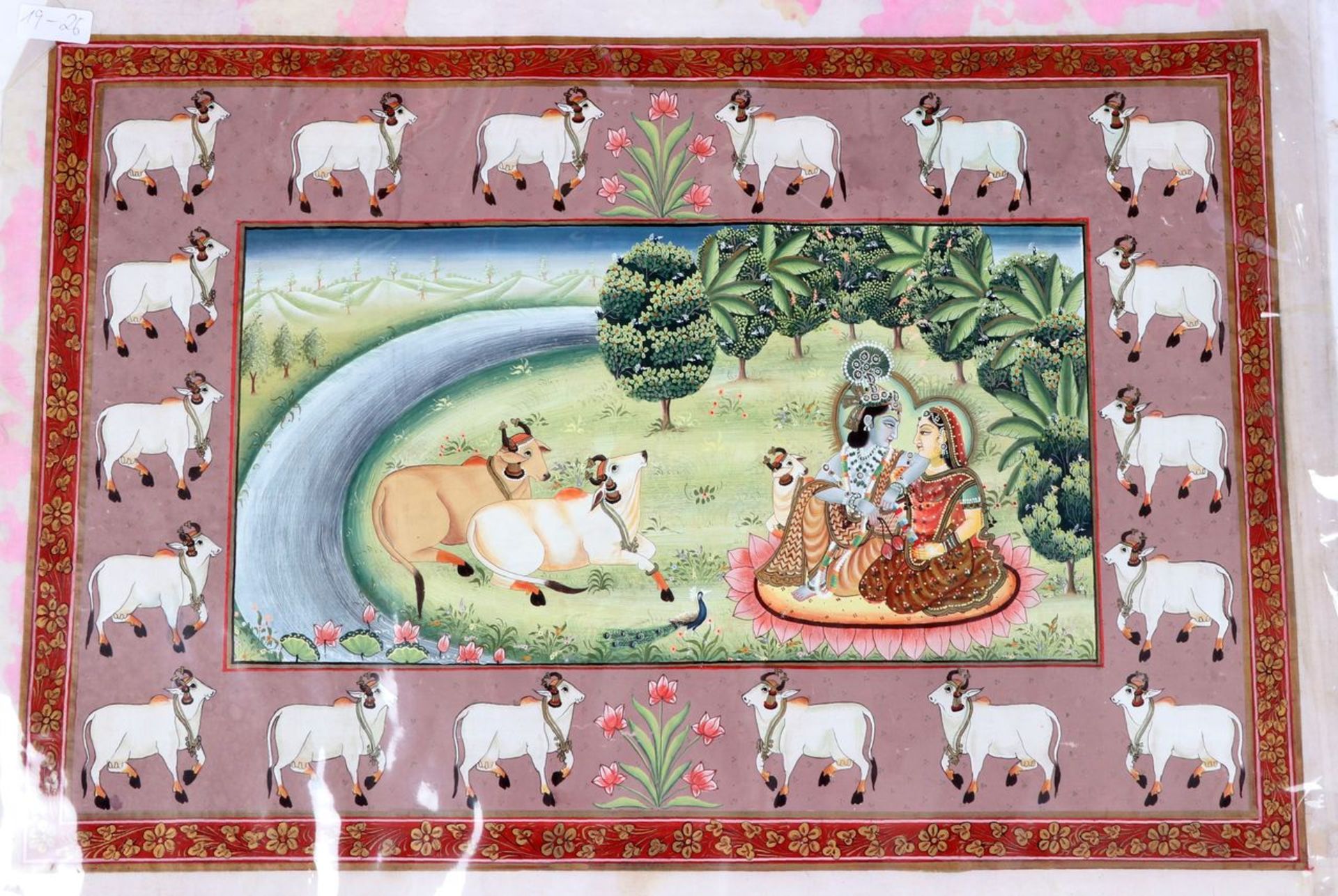 Seidenbild mit Heiligen KühenSeidenbild mit Heiligen Kühen aus Indien, 20. Jahrhundert, ca. 70 x