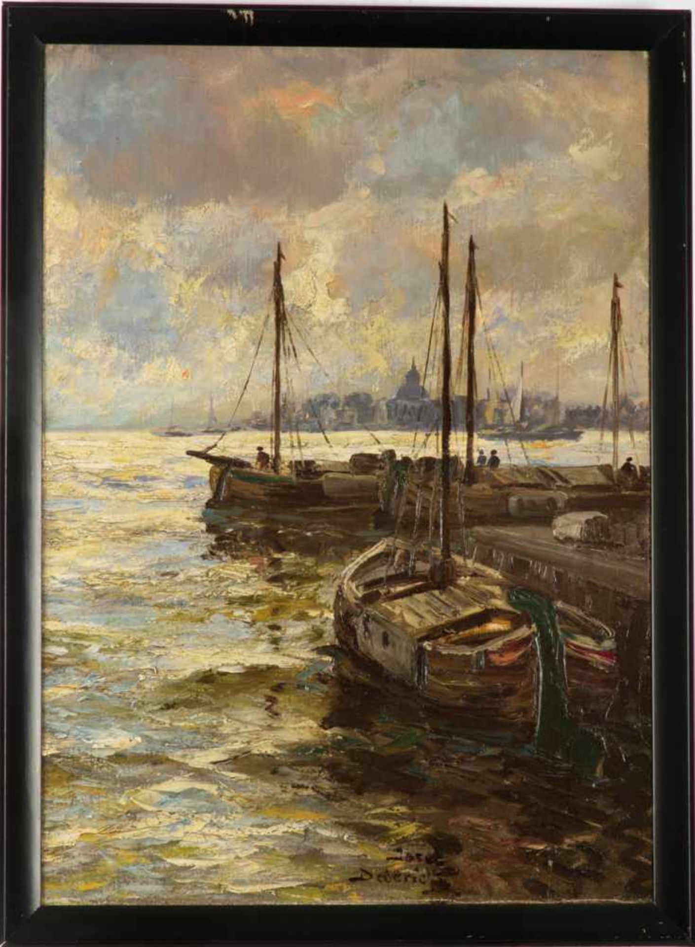 Dederichs, Josef(Bleibuir/Eifel 1873 -1958 Köln),Fischerboote vor der Silhouette von Amsterdam, Öl