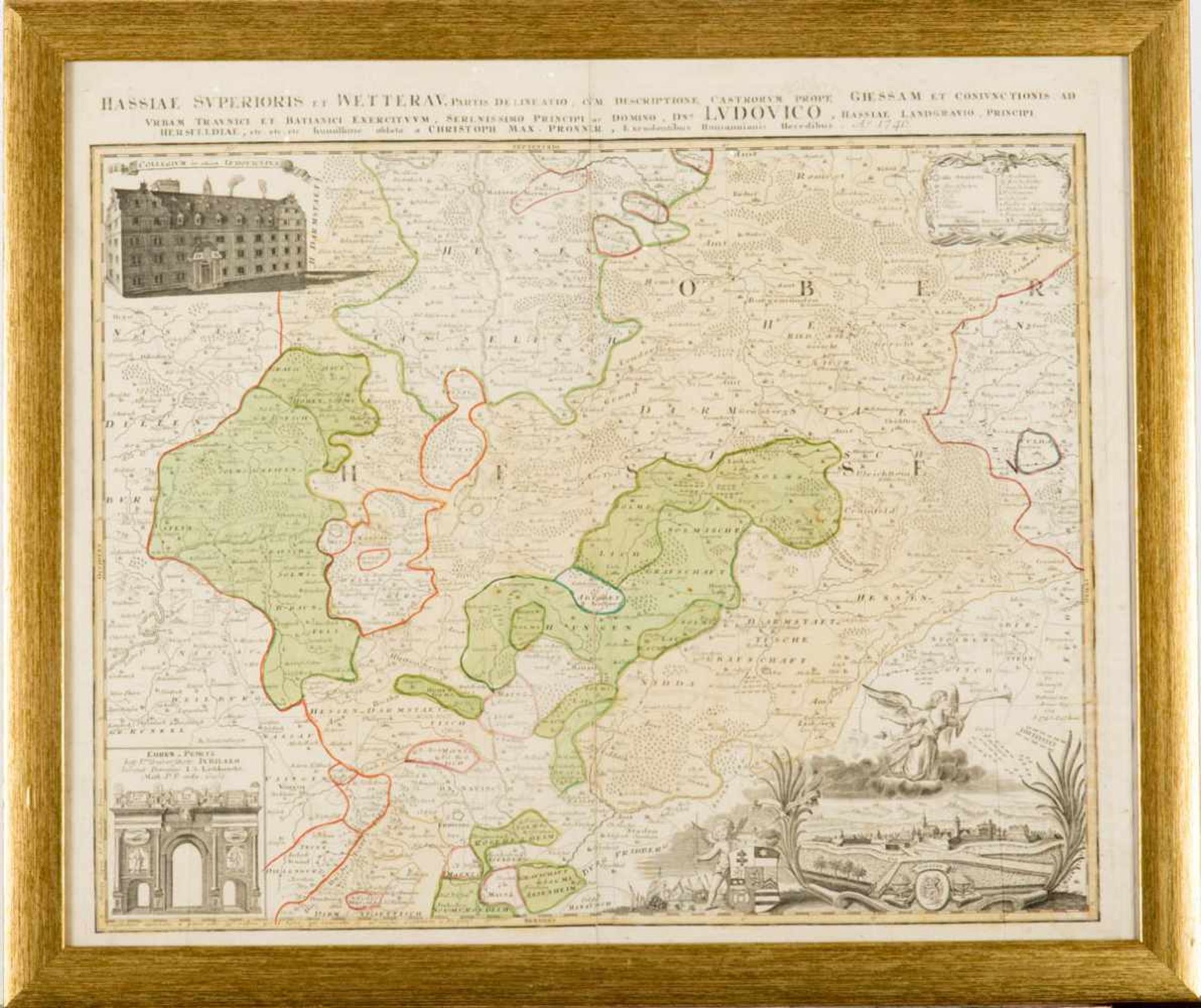 Liebknecht, I.G.Karte Wetterau von 1746. Alt-Chlorierter Kupferstich Links oben Gebäudeansicht,