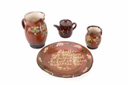 4 Teile Tischgerät, Werra-Keramik 19. Jh.Keramik außen mit brauner Engobe mit polychromer floraler