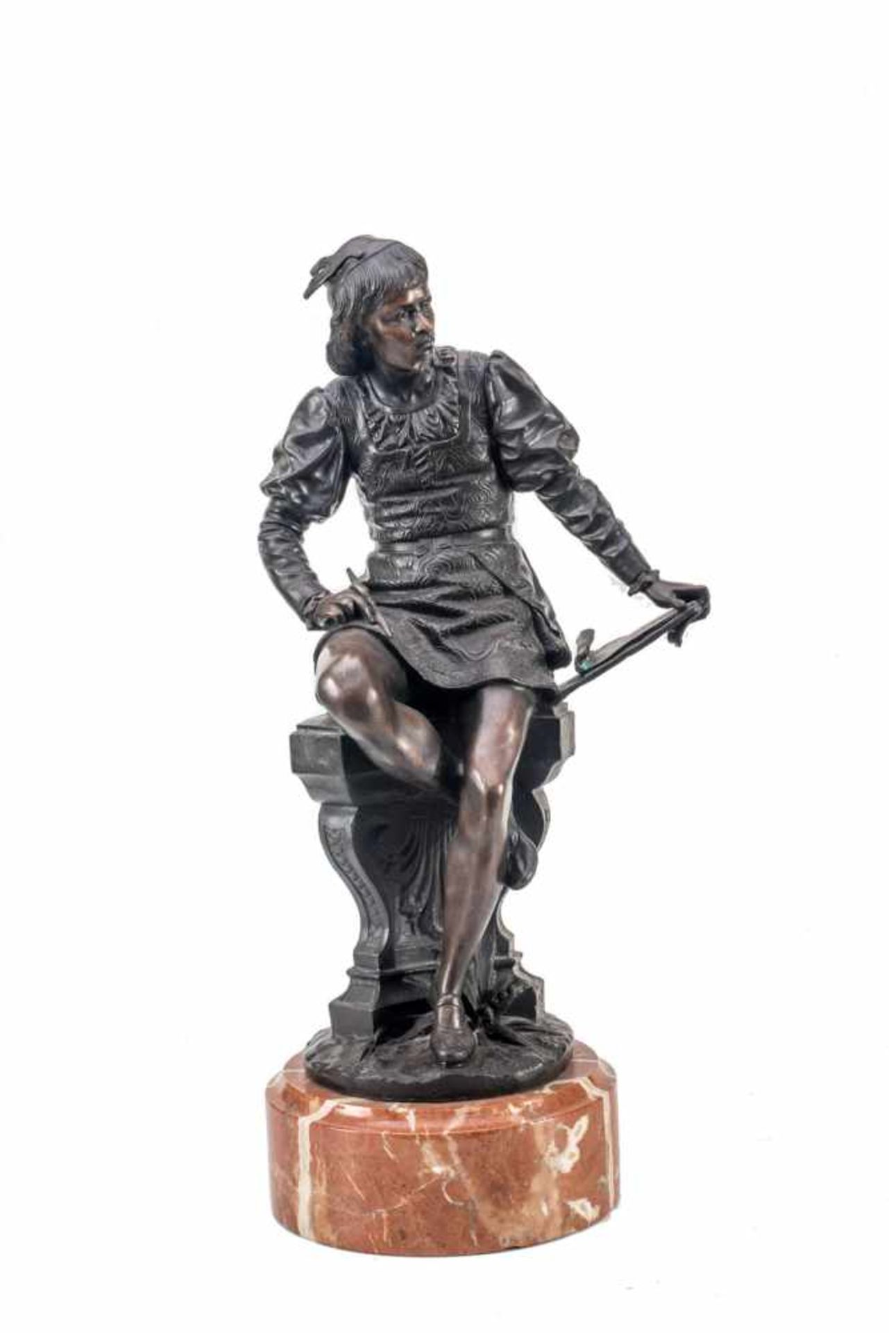 Bildhauer des 19. Jhs.Dichter Vergil. Bronze dunkel patiniert. Auf rundem rotbraunem Marmorsockel