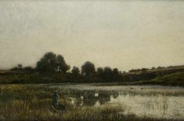 E. van Marcke Maler des 19. Jh. Angler im Schilf Öl auf Lwd; H 60,5 cm, B 90 cm; signiert u. l. "