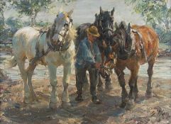 Georg Wolf 1882 Niederhausbergen - 1962 Uelzen Mit den Pferden am Wasser Öl auf Lwd; H 36,5 cm, B