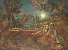 Maler um 1900 Edler Reiter als Helfer in der Nacht Öl auf Holz; H 46 cm, B 61 cm Painter around 1900