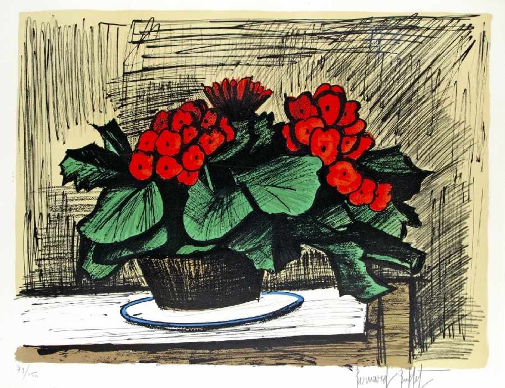 Bernard Buffet 1928 Paris - 1999 Tourtour/Südfrankreich Blumenstilleben Farblithografie auf