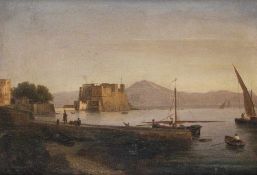 Maler des 19. Jh. Mediterraner Hafen mit Festungsanlage Öl auf Lwd, doubliert; H 36 cm, B 48 cm;
