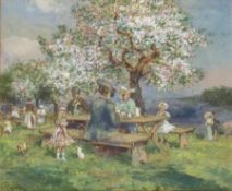 Carl Rüdell 1855 Trier - 1939 Köln Sonntagskaffee unter blühenden Kirschbäumen Aquarell auf