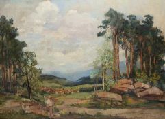 Hanns Fay 1888 - 1957 Blick in das Tal Öl auf Holz; H 86 cm, B 118 cm; signiert u. r. "Hanns Fay"
