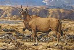 Werner Peiner Düsseldorf 1897 - 1981 Antilope vor afrikanischer Landschaft Öl auf Hartfaser; H 40