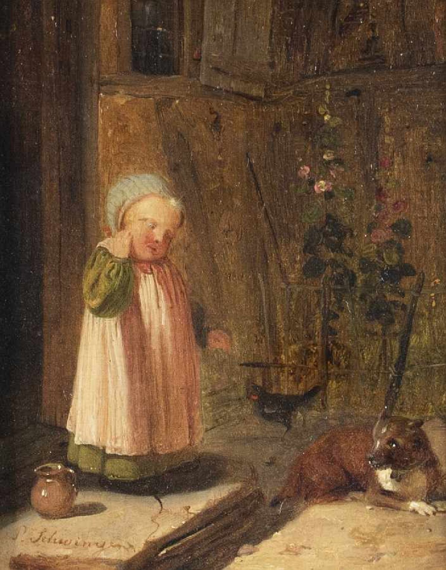 Peter Schwingen 1813 - 1863 Kind mit Hund Öl auf Lwd über Holz; H 15 cm, B 12 cm; signiert u. l. "P.