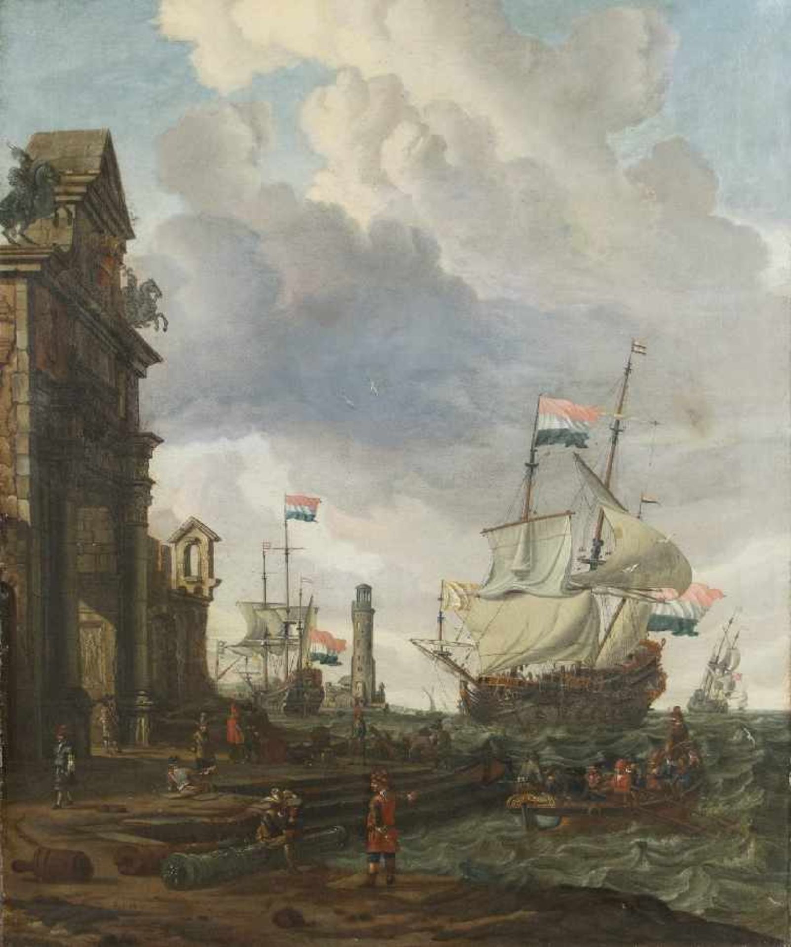 Maler, wohl des 19. Jh. Holländische Galeeren vor der Hafenstadt Öl auf Lwd, doubliert; H 83,5 cm, B