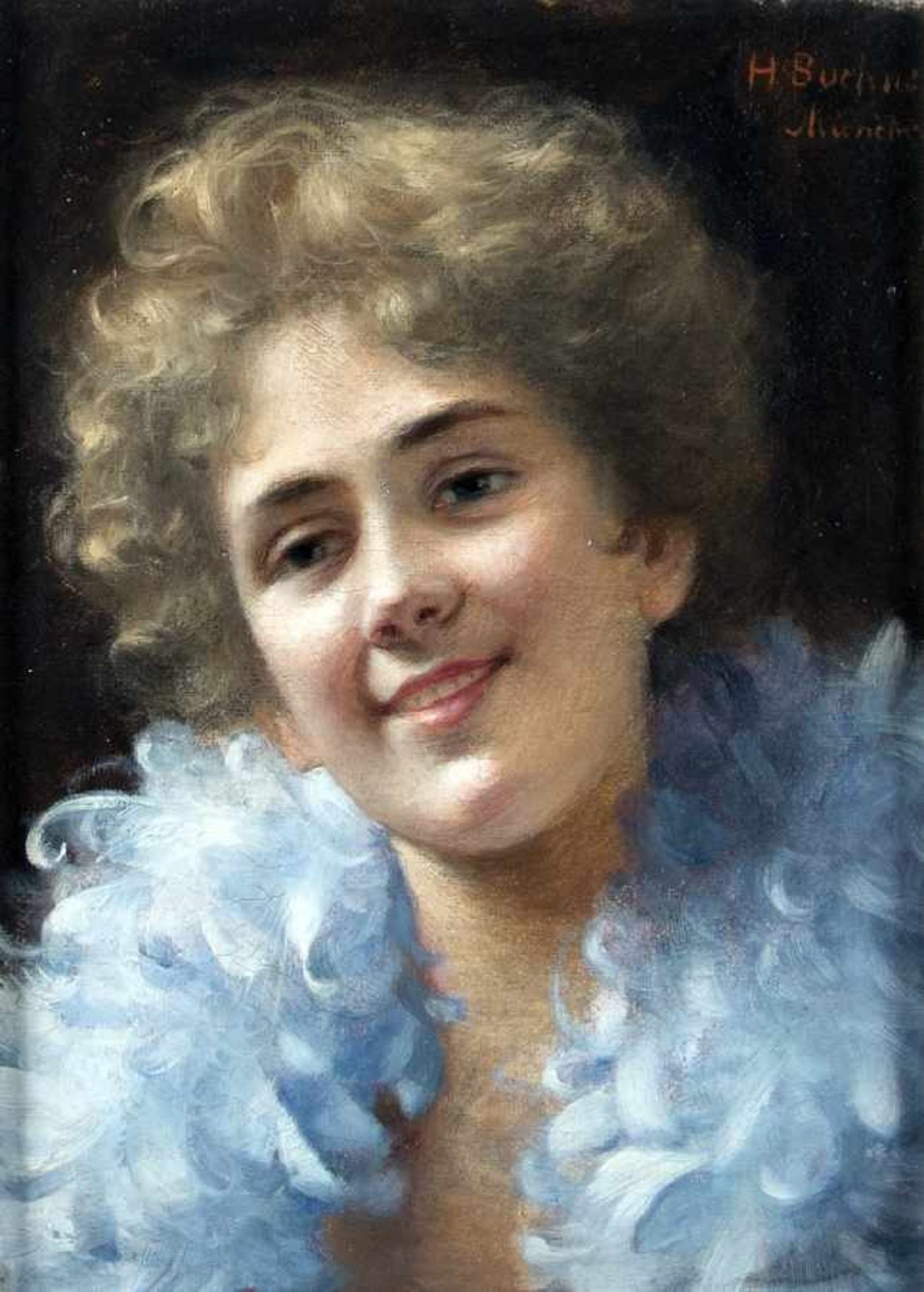 Hans Buchner 1856 - 1941 Junge Frau mit Federstola Öl auf Lwd; H 22,5 cm, B 16 cm; signiert o. r. "H