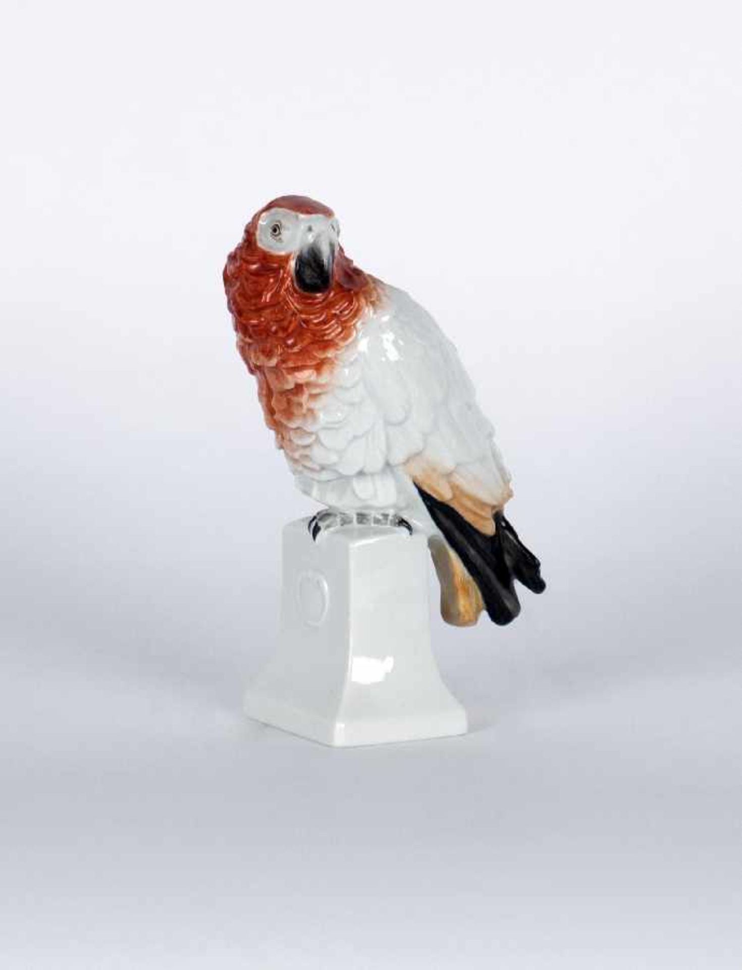 Dorothea Moldenhauer 1879 - 1968 Rot-weiss-schwarzer Papagei Porzellan, farbig glasiert; H 17 cm;