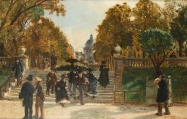 Maler um 1900 Flaneure im Jardin du Luxembourg Öl auf Lwd, doubliert; H 51 cm, B 79,5 cm; bezeichnet