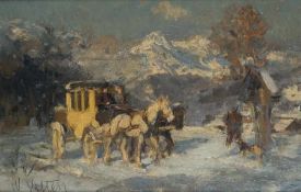 Wilhelm Velten 1847 St. Petersburg - 1929 München Winterlandschaft mit Kutsche und Jäger Öl auf