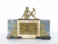 Fachat, Montauban Konsoluhr im Art Deco-Stil "Frau mit Papagei" Alabaster, Onyx, Messing; H 34 cm, B
