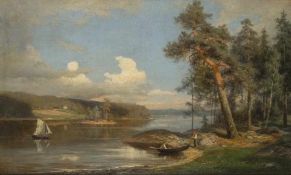 August Fredrik Ahlstedt 1839 - 1901 Finnische Seenlandschaft Öl auf Lwd; H 43 cm, B 69,5 cm;