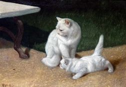 Arthur Heyer 1872 - 1931 Katze mit ihrem Jungen im Garten Öl auf Lwd; H 50 cm, B 70 cm; signiert
